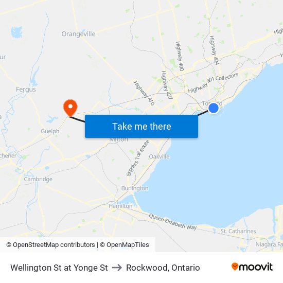 Wellington St at Yonge St to Rockwood, Ontario map