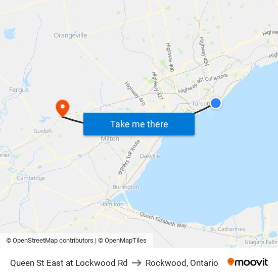Queen St East at Lockwood Rd to Rockwood, Ontario map