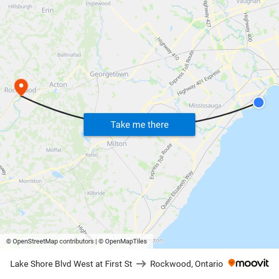 Lake Shore Blvd West at First St to Rockwood, Ontario map