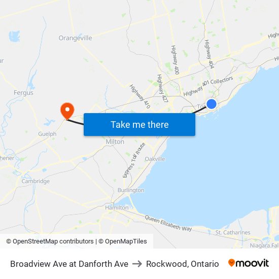 Broadview Ave at Danforth Ave to Rockwood, Ontario map