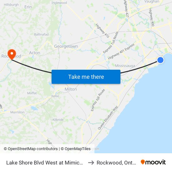 Lake Shore Blvd West at Mimico Ave to Rockwood, Ontario map
