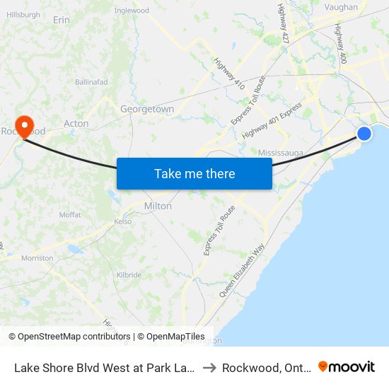 Lake Shore Blvd West at Park Lawn Rd to Rockwood, Ontario map