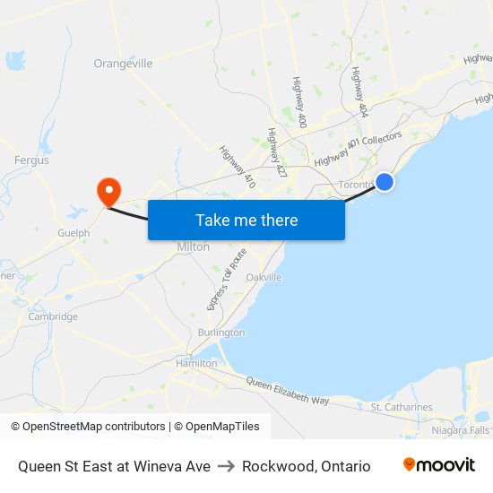 Queen St East at Wineva Ave to Rockwood, Ontario map