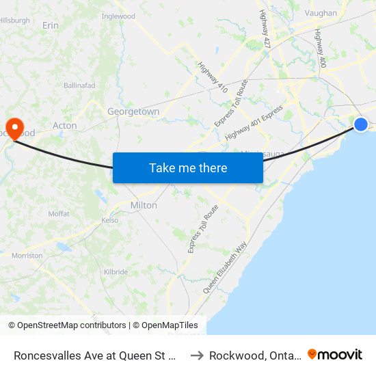 Roncesvalles Ave at Queen St West to Rockwood, Ontario map