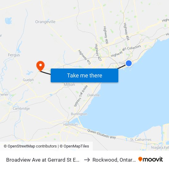 Broadview Ave at Gerrard St East to Rockwood, Ontario map