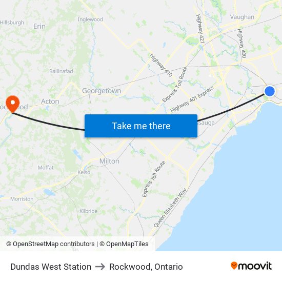 Dundas West Station to Rockwood, Ontario map