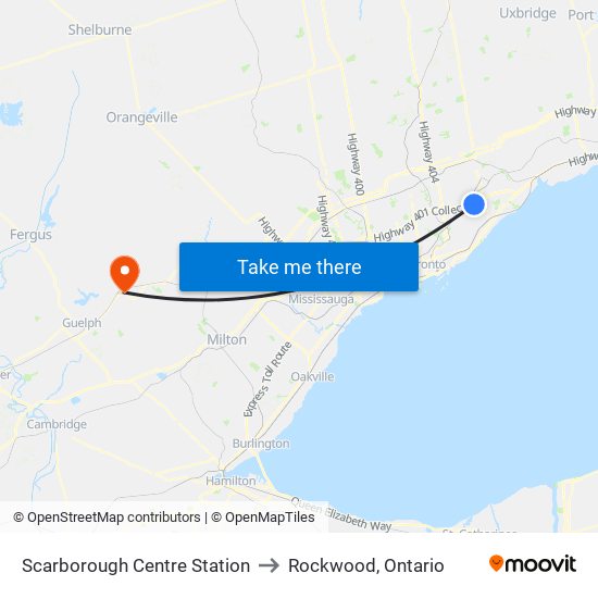 Scarborough Centre Station to Rockwood, Ontario map