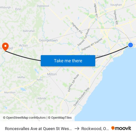 Roncesvalles Ave at Queen St West North Side to Rockwood, Ontario map