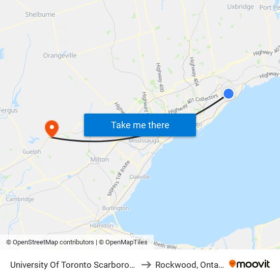 University Of Toronto Scarborough to Rockwood, Ontario map