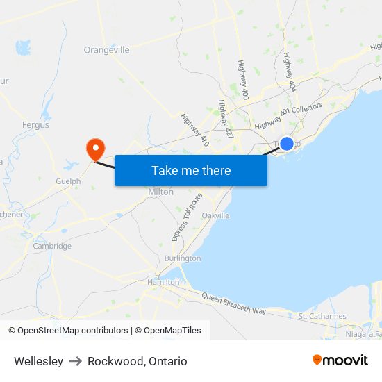 Wellesley to Rockwood, Ontario map