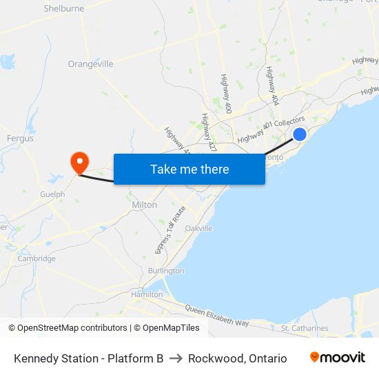 Kennedy Station - Platform B to Rockwood, Ontario map