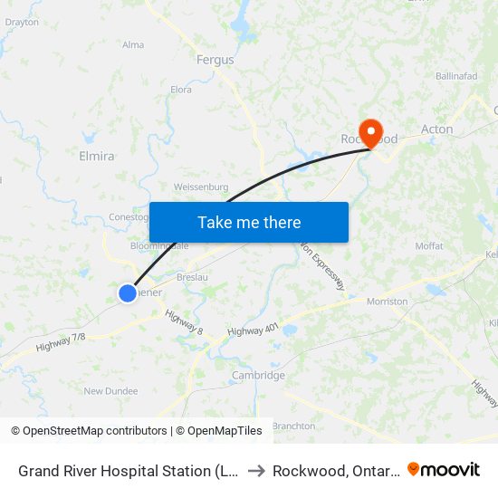 Grand River Hospital Station (Lrt) to Rockwood, Ontario map