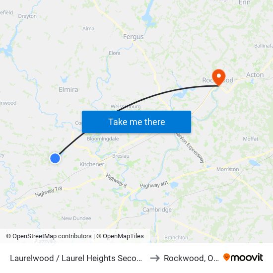 Laurelwood / Laurel Heights Secondary School to Rockwood, Ontario map