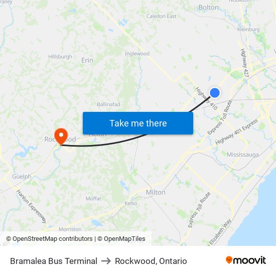 Bramalea Bus Terminal to Rockwood, Ontario map