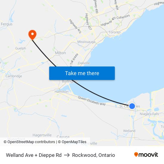 Welland Ave + Dieppe Rd to Rockwood, Ontario map