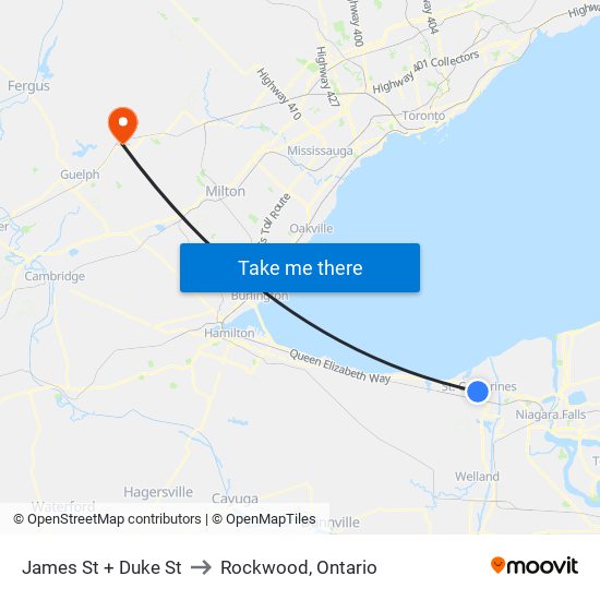 James St + Duke St to Rockwood, Ontario map