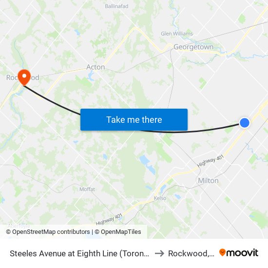 Steeles Avenue at Eighth Line (Toronto Premium Outlets) to Rockwood, Ontario map