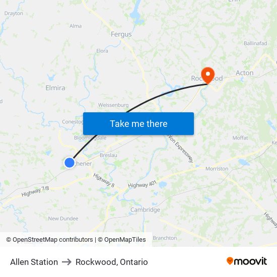 Allen Station to Rockwood, Ontario map
