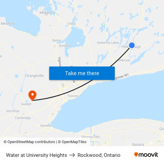 Water at University Heights to Rockwood, Ontario map