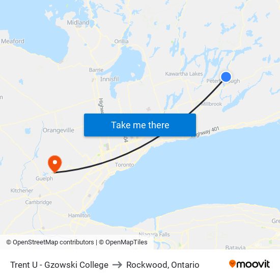 Trent U - Gzowski College to Rockwood, Ontario map