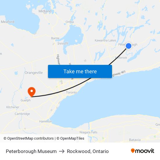 Peterborough Museum to Rockwood, Ontario map