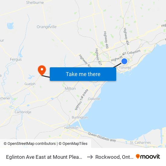 Eglinton Ave East at Mount Pleasant Rd to Rockwood, Ontario map