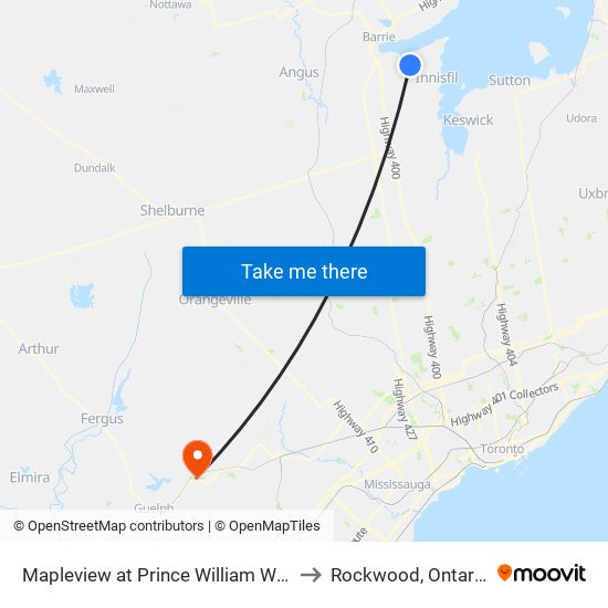 Mapleview at Prince William Way to Rockwood, Ontario map