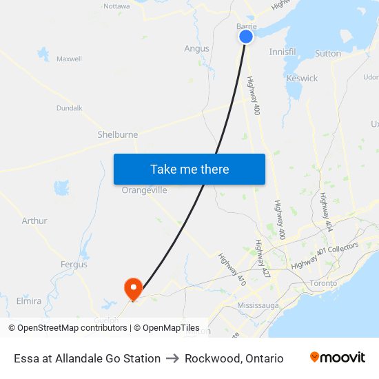 Essa at Allandale Go Station to Rockwood, Ontario map