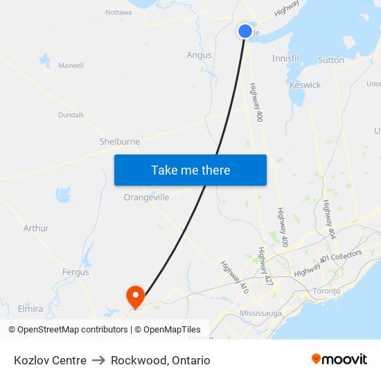 Kozlov Centre to Rockwood, Ontario map