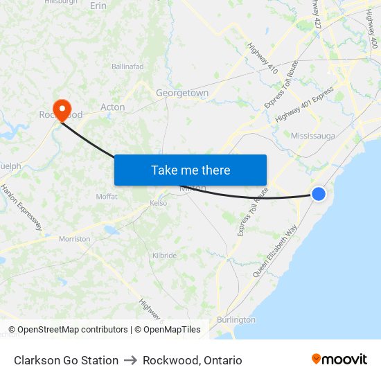 Clarkson Go Station to Rockwood, Ontario map