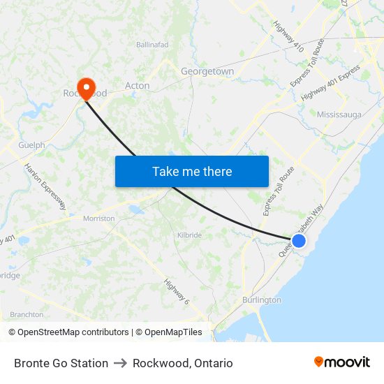 Bronte Go Station to Rockwood, Ontario map