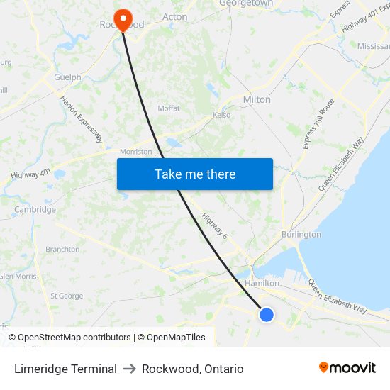 Limeridge Terminal to Rockwood, Ontario map