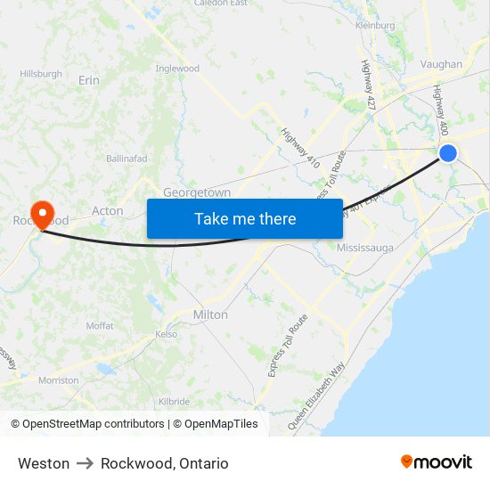 Weston to Rockwood, Ontario map