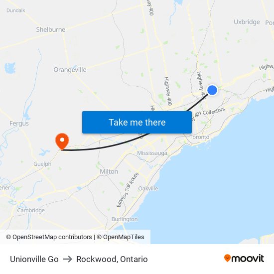 Unionville Go to Rockwood, Ontario map