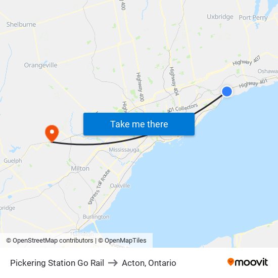 Pickering Station Go Rail to Acton, Ontario map