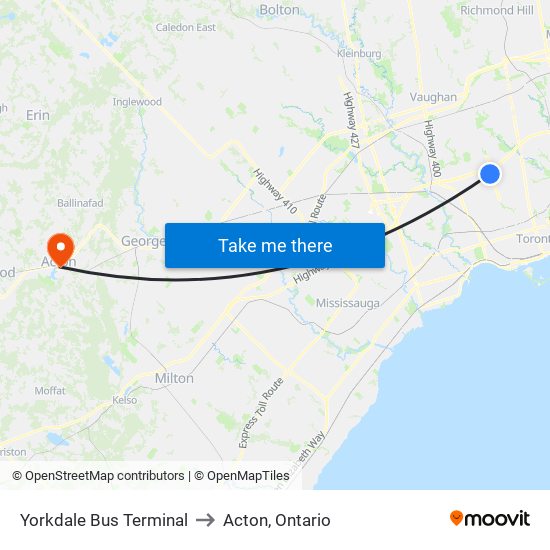Yorkdale Bus Terminal to Acton, Ontario map