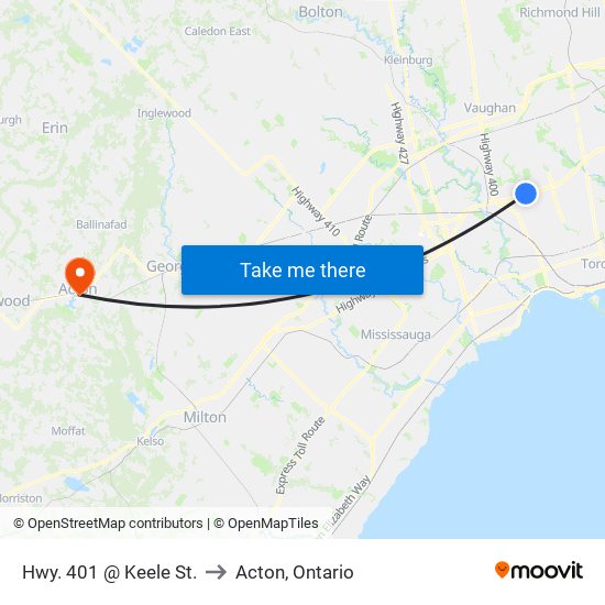 Hwy. 401 @ Keele St. to Acton, Ontario map