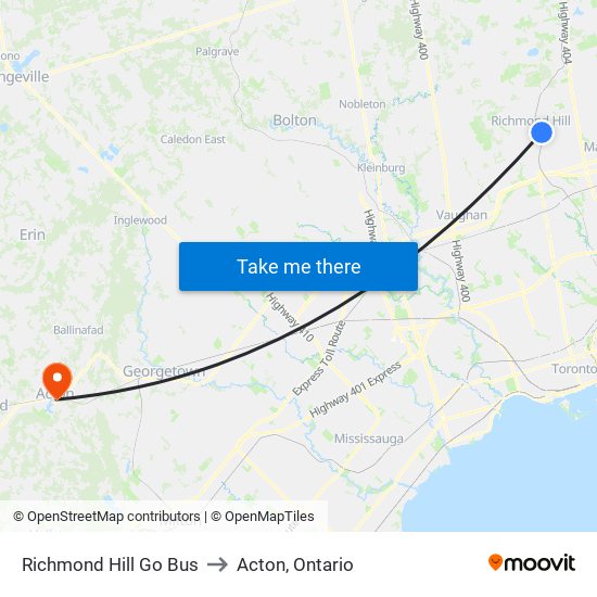 Richmond Hill Go Bus to Acton, Ontario map