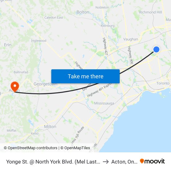 Yonge St. @ North York Blvd. (Mel Lastman Square) to Acton, Ontario map