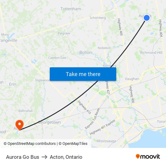 Aurora Go Bus to Acton, Ontario map