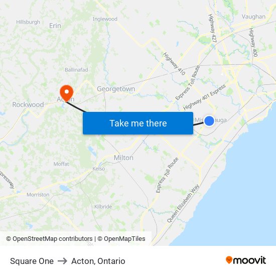 Square One to Acton, Ontario map