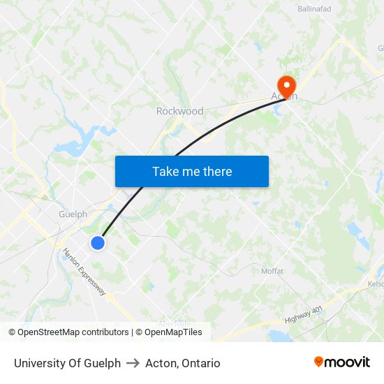 University Of Guelph to Acton, Ontario map