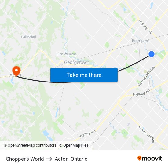 Shopper's World to Acton, Ontario map