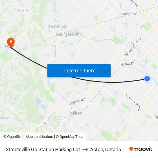 Streetsville Go Station Parking Lot to Acton, Ontario map