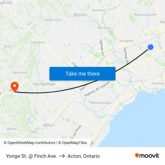 Yonge St. @ Finch Ave. to Acton, Ontario map
