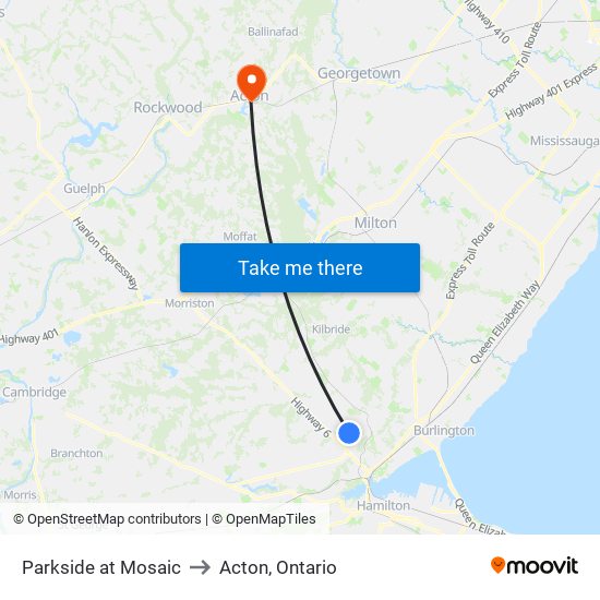 Parkside at Mosaic to Acton, Ontario map