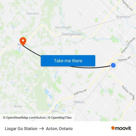 Lisgar Go Station to Acton, Ontario map