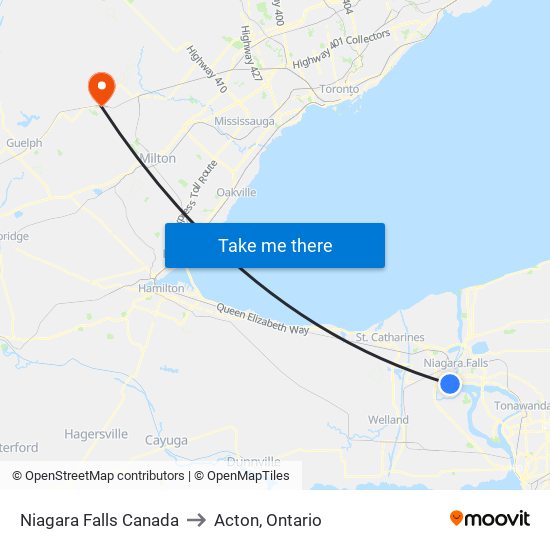 Niagara Falls Canada to Acton, Ontario map