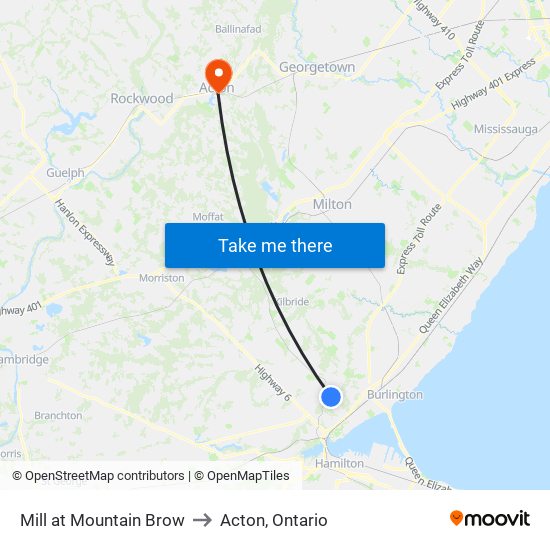 Mill at Mountain Brow to Acton, Ontario map