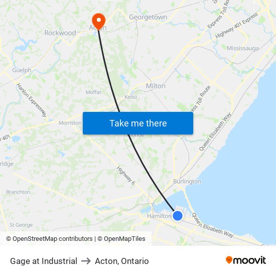 Gage at Industrial to Acton, Ontario map